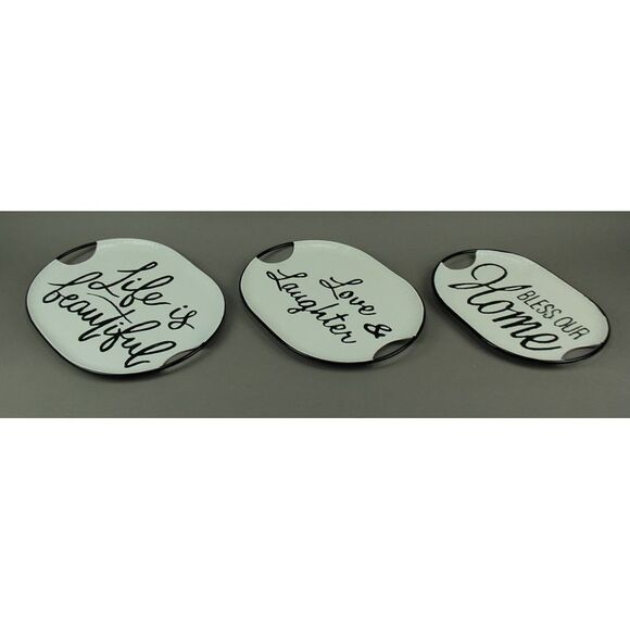 Black and White Decorative Metal Trays With Life Love and Home Wording Set of 3 - Picture 2 of 3